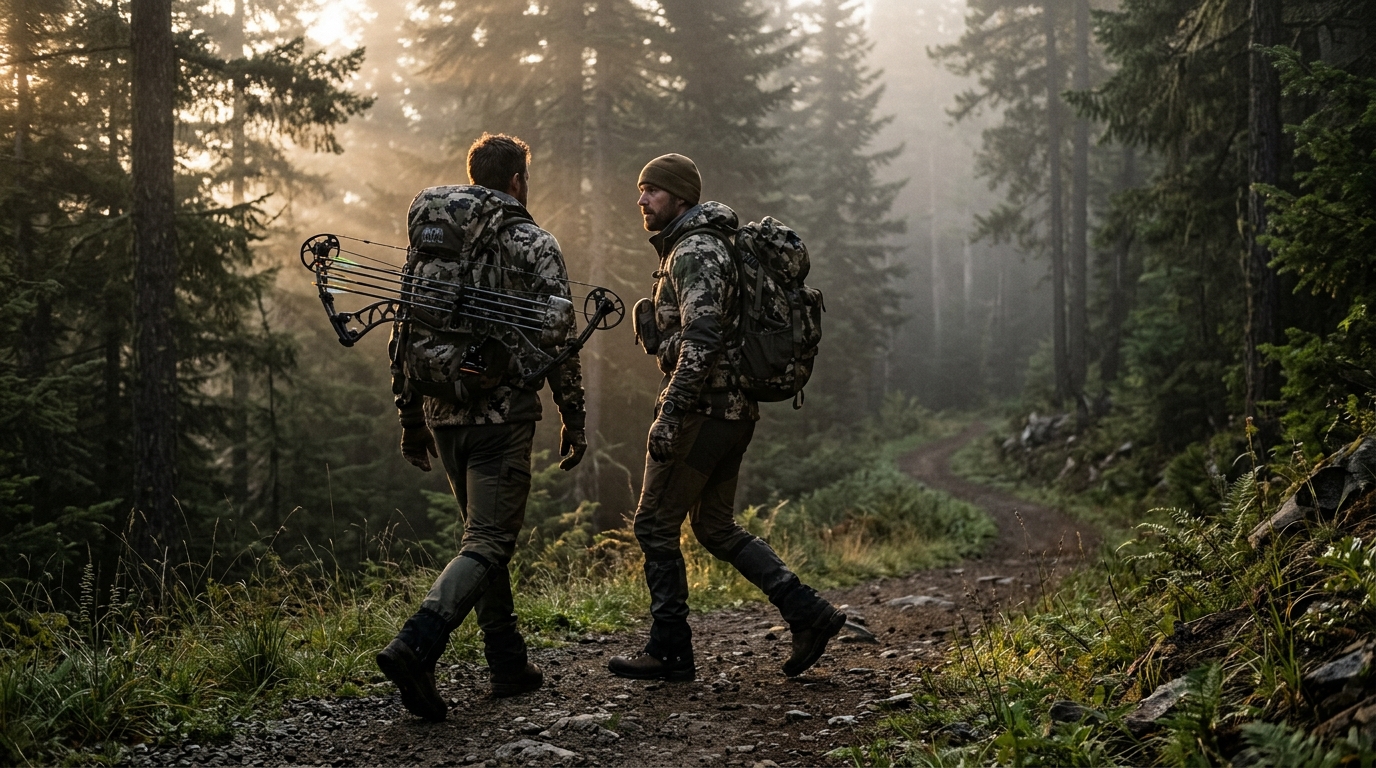 Bowhunter walking a misty backcountry trail at first light
