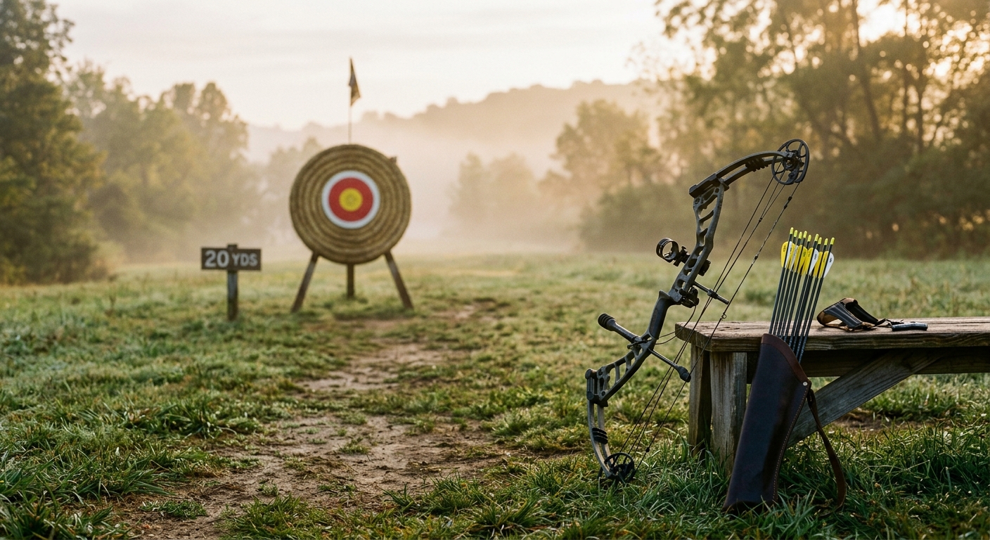 Misty morning archery range with a target butt and bow leaning on a wooden bench