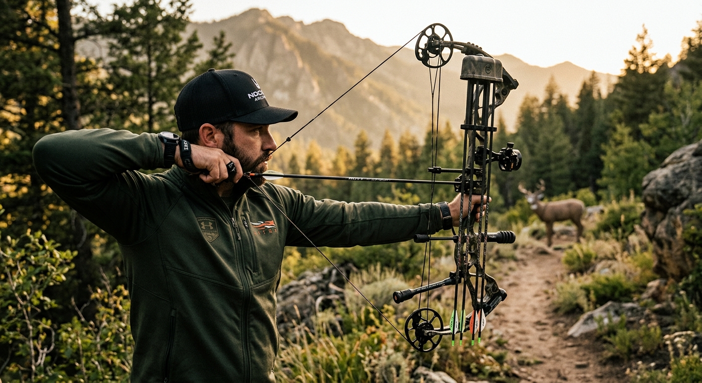 A bowhunter at full draw on a backcountry trail at golden hour