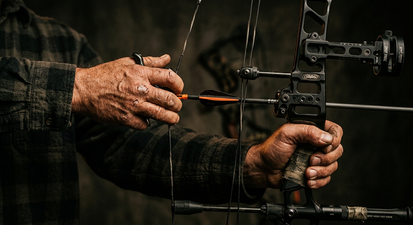 Calloused hands of an archery coach drawing a compound bow