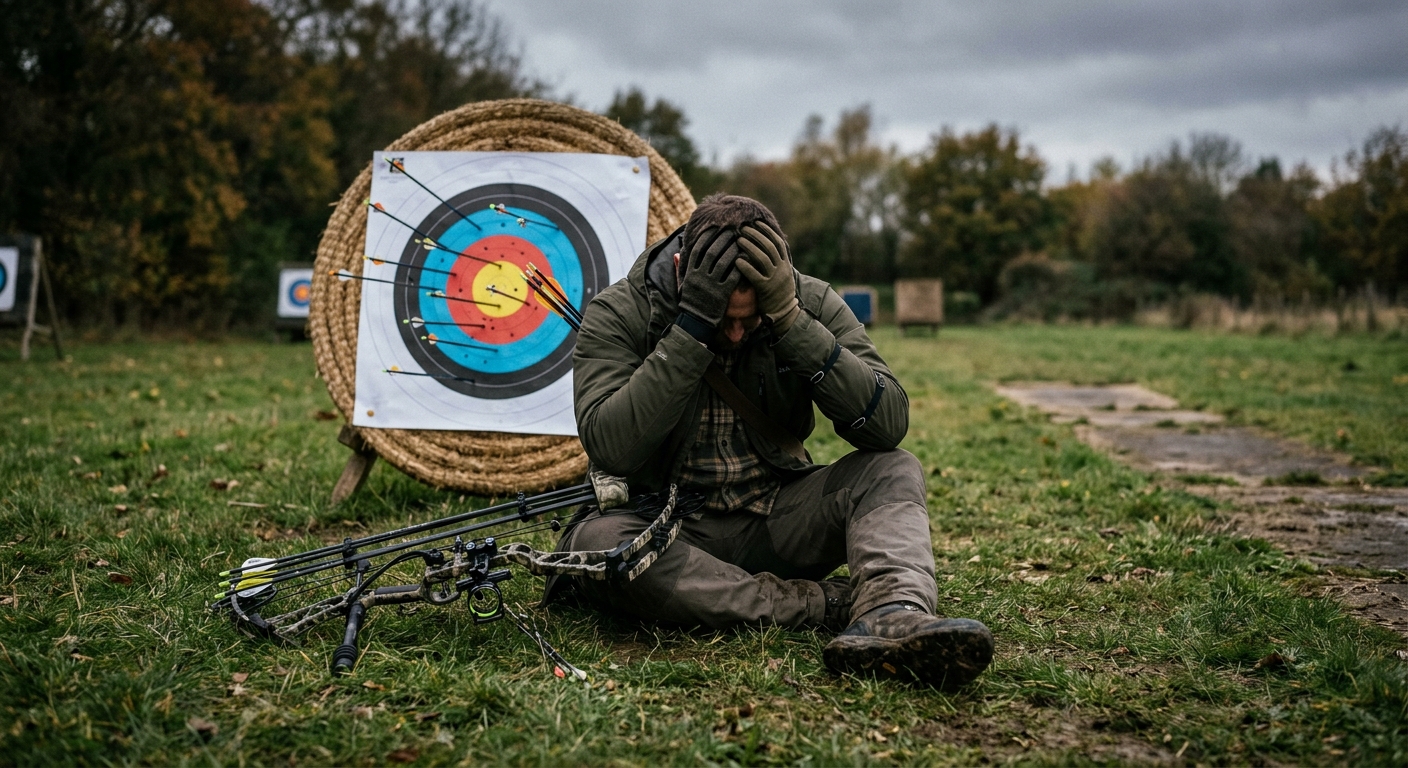 A frustrated archer sits on the ground next to a target with arrows scattered all over the face